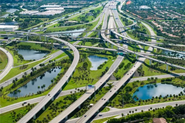 Aerial American Freeway Intersection Fast Driving Cars Trucks Miami Florida City Transportation