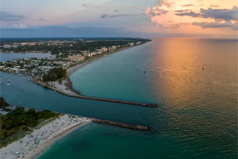Aerial Nokomis Beach South North Jetty Sarasota County Many People Enjoing Time Swimming Gulf Water Relaxing Warm