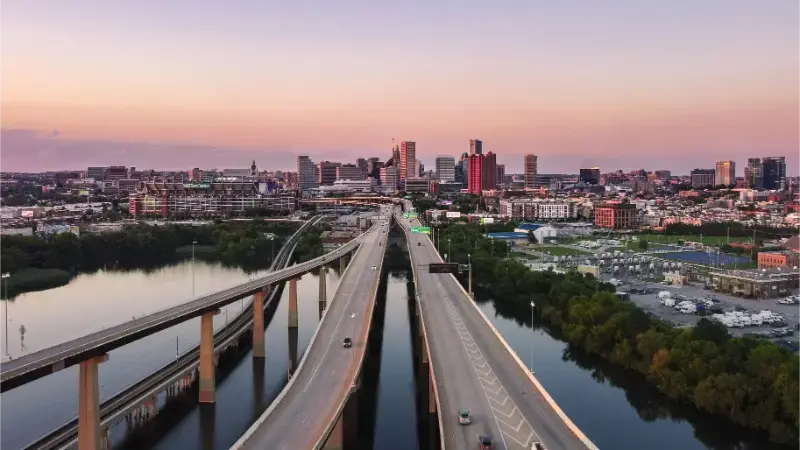 Aerial Overlapping Highways Roads Water Downtown Baltimore Maryland Usa