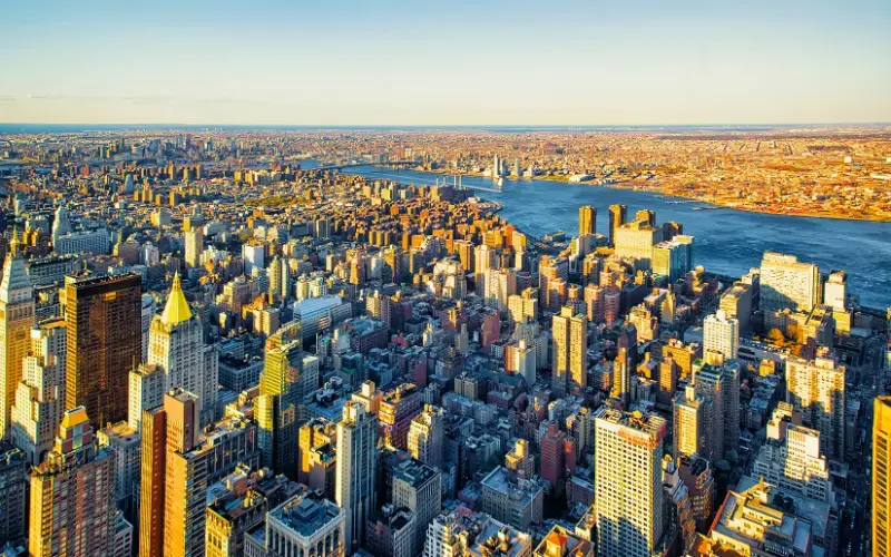 Aerial Panoramic East Village Downtown New York Williamsburg Bridge Brooklyn East River Manhattan