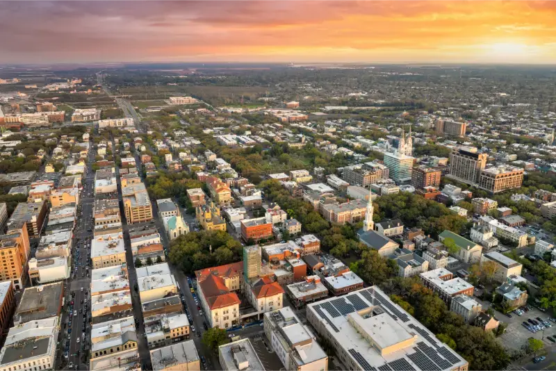 Aerial Savannah Georgia American City Old Historical Architecture Panoramic Cityscape Night