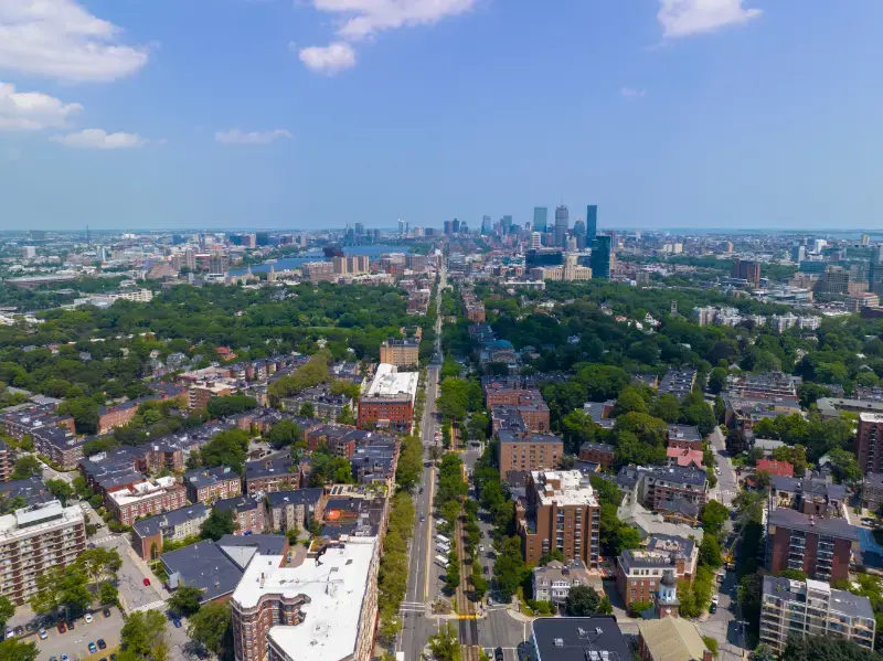 Aerial Skyline Boston Back Bay With John Hancock Tower Prudential Tower And Four Season Hotel From Coolidge Corner