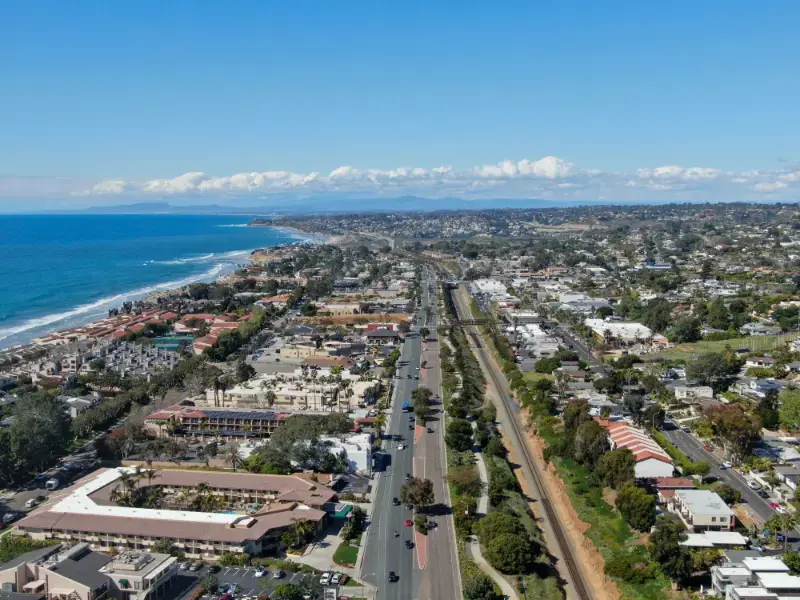 Aerial Solana Beach With Pacific Ocean Day Sun City Coastal County San Diego California
