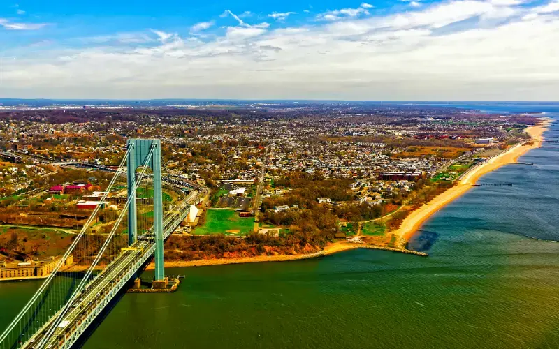 Aerial Verrazano Narrows Bridge Upper Bay Lower Bay Connects Brooklyn Staten Island Manhattan New York New York