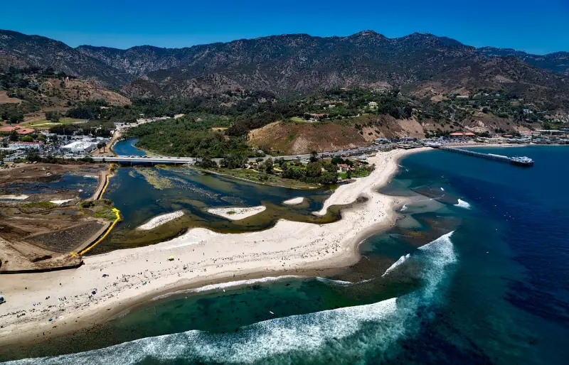 Aerial View Of California Coast And River Mouth