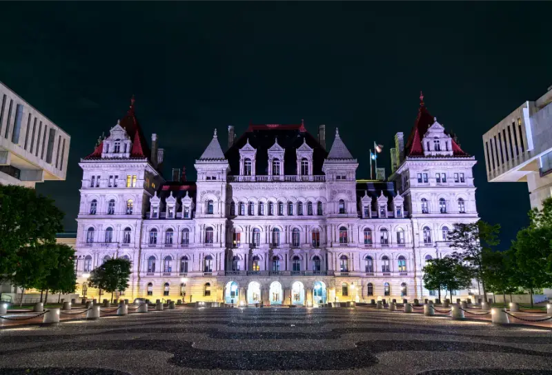 Albany Ornate New York State Capitol Glows White Red Against Dark Sky Its