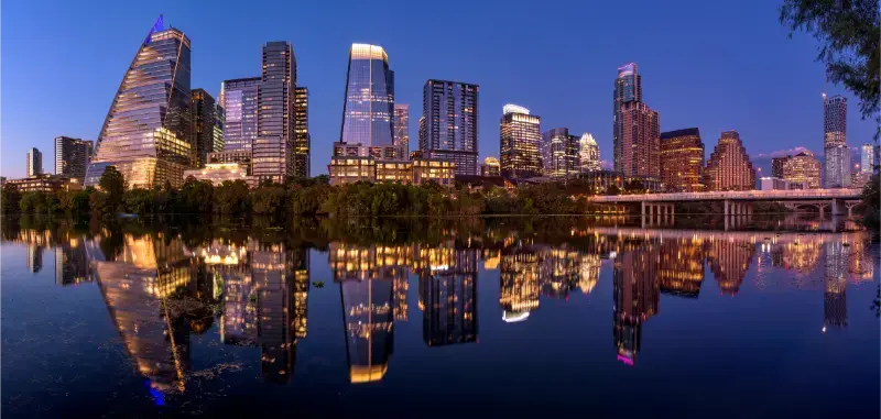 Austin Skyline Dusk Lady Bird Lake Reflections Downtown Texas Skyscrapers Panorama