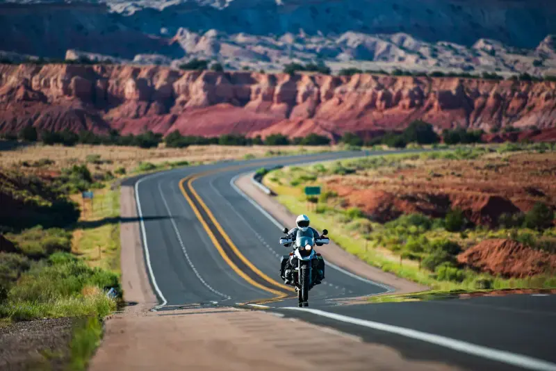Biker Driving Motorbike Route 66 Arizona Panoramic Road Natural American Landscape Asphalt Road Horizon