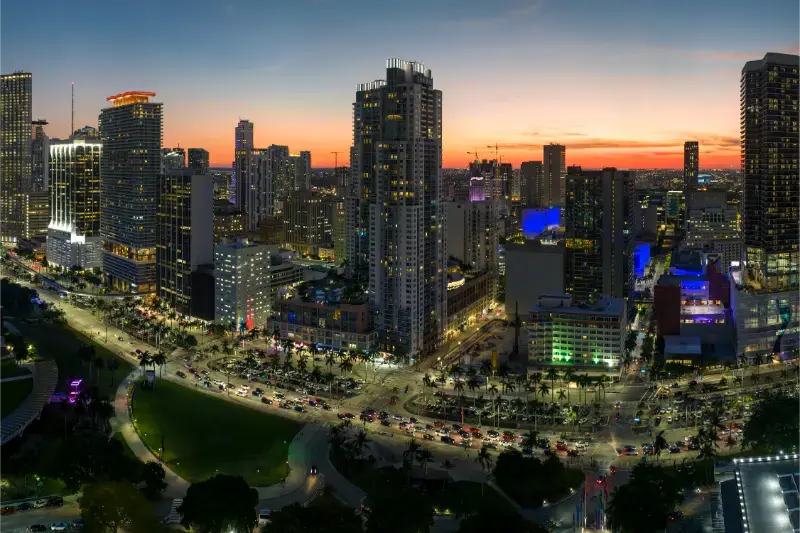 Brightly Illuminated Skyscraper Buildings Traffic Downtown District Miami Brickell Florida Night American Business
