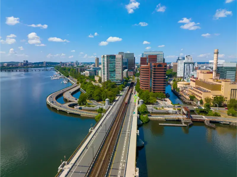 Cambridge Kendall Square Skyline And Longfellow Bridge Boston Massachusetts