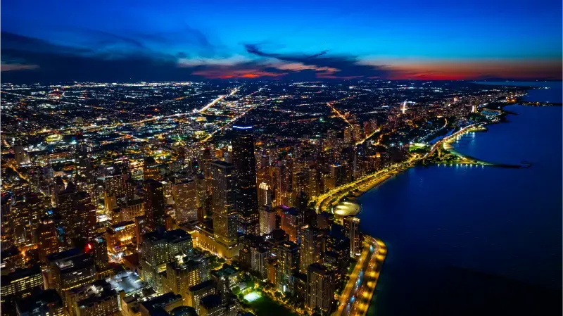Chicago Night Multiple Cars Move By Luminous Lakeshore Drive Orange Sky Cityscape Backdrop