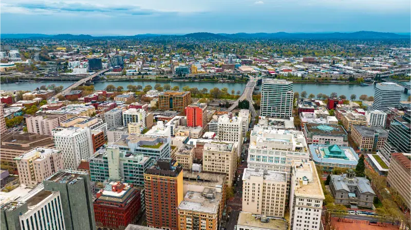 Downtown Portland Oregon Highrise Architecture Twilight City Mountain Silhouettes Backdrop