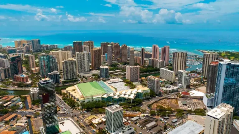 Honolulu Hawaii Highrise Buildings Waikiki Backdrop Turquoise Waterscape Aerial