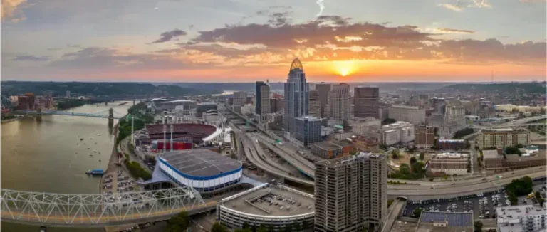 Landscape Downtown District Cincinnati Ohio State Evening American City Skyline Brightly Illuminated Commercial