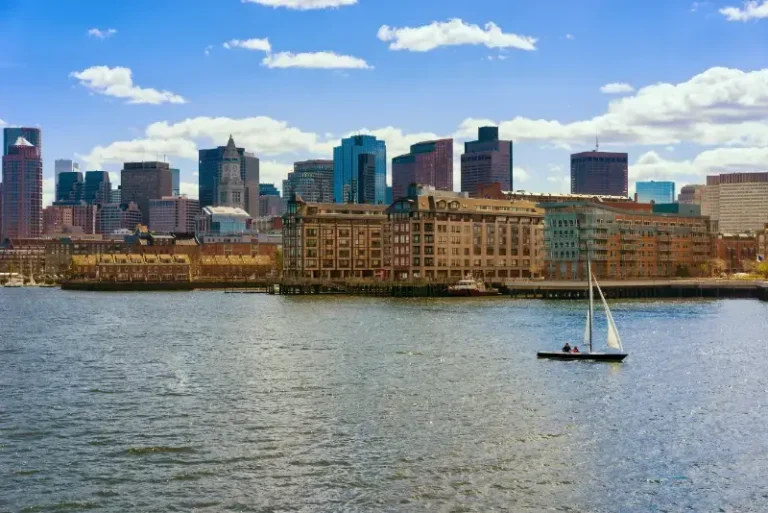 Lonely Sailboat Floating Across River Charles Front Skyline Boston City One Oldest Founded 1630 By Puritan