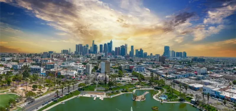 Los Angeles Skyline And Palm Trees California
