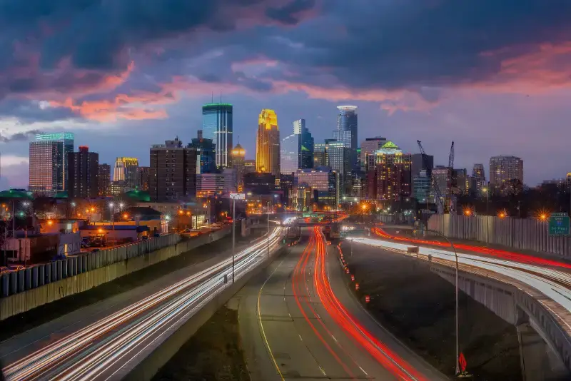 Minneapolis Downtown City Skyline Traffic Light Sunset