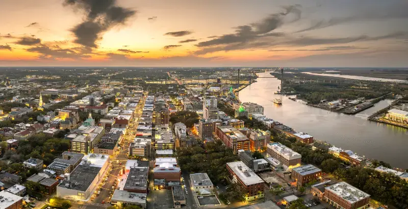 Old Historical City Savannah Georgia Southern Cityscape Sunset