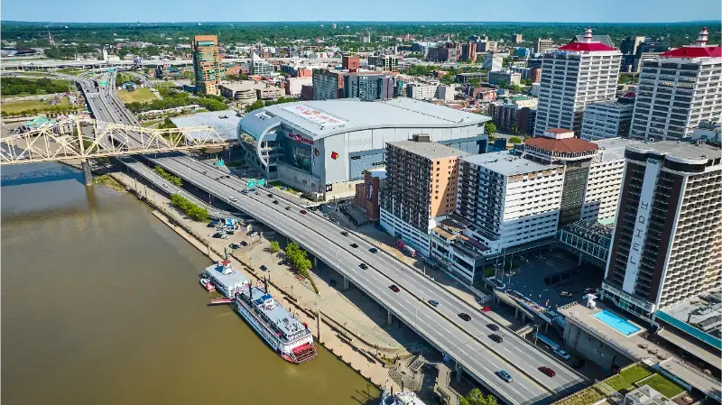 Riverfront Boats Aerial Ohio River Bridge Hotels Near Downtown Louisville Kentucky USA