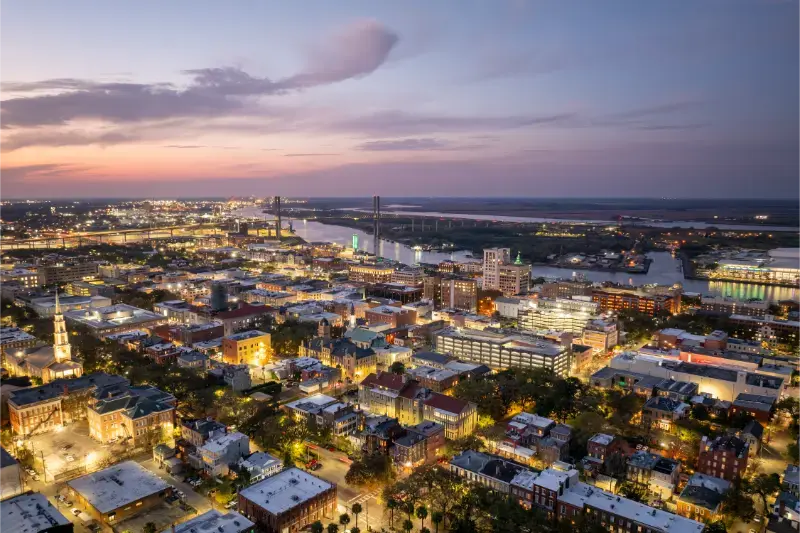 Savannah Georgia Historic American Architecture Old Historical City Southern Cityscape Sunset