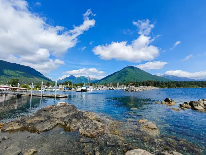 Sitka Alaska Harbor Mountains Blue Sky