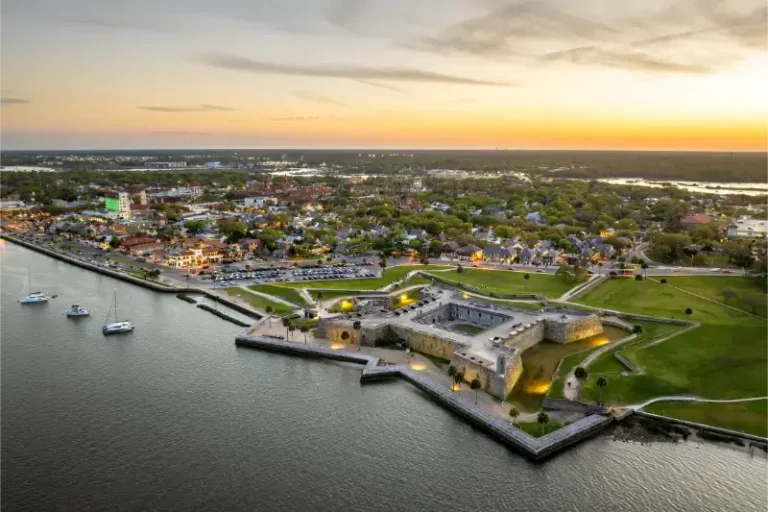 Aerial St Augustine Florida Sunset Historical Landmark Castillo De San Marcos Old Masonry Fort