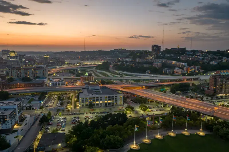 Transportation Aerial American Highway Junction Night Fast Driving Vehicles Cincinnati Ohio
