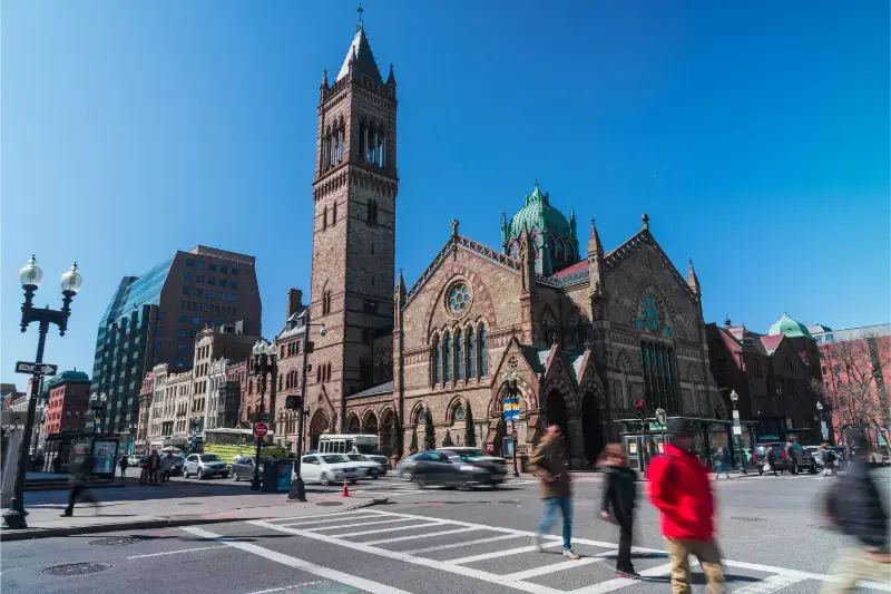 Unrecognizable Crowd Pedestrians Traffic Road Intersection Around Boston Old South Church Massachusetts